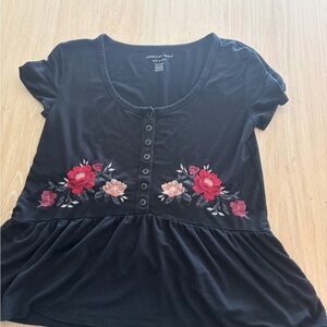 American Eagle Outfitters Black Top with Red Floral Embroidery